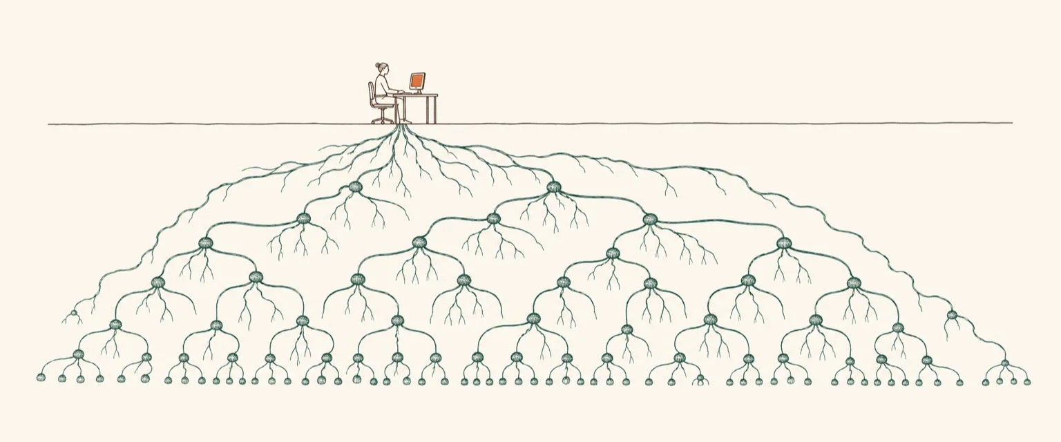 One operator at a single terminal above ground, its roots branching into a vast underground org chart of AI agents