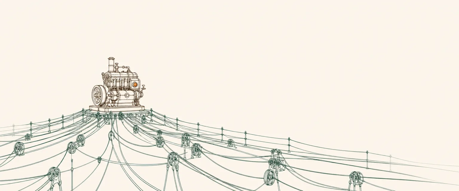 A small engine wrapped in a vast tangle of cables and reins, evoking the harness operators build around AI models.