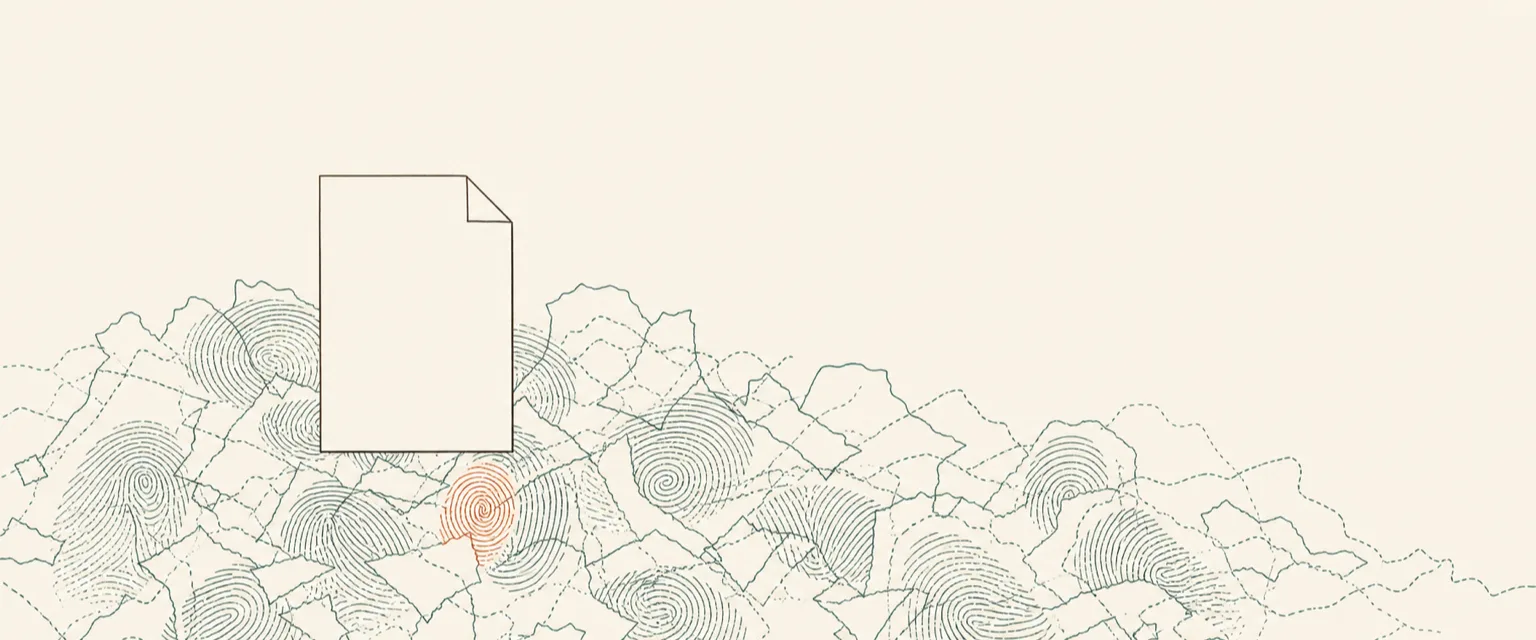 A clean document over a hidden tangle of fingerprints and torn fragments, evoking AI content ownership questions.