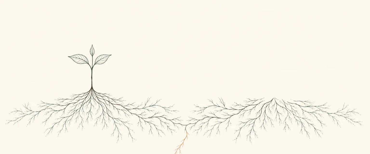 Two nearly mirrored root systems that diverge at a single point, evoking a rival AI's independent second opinion.