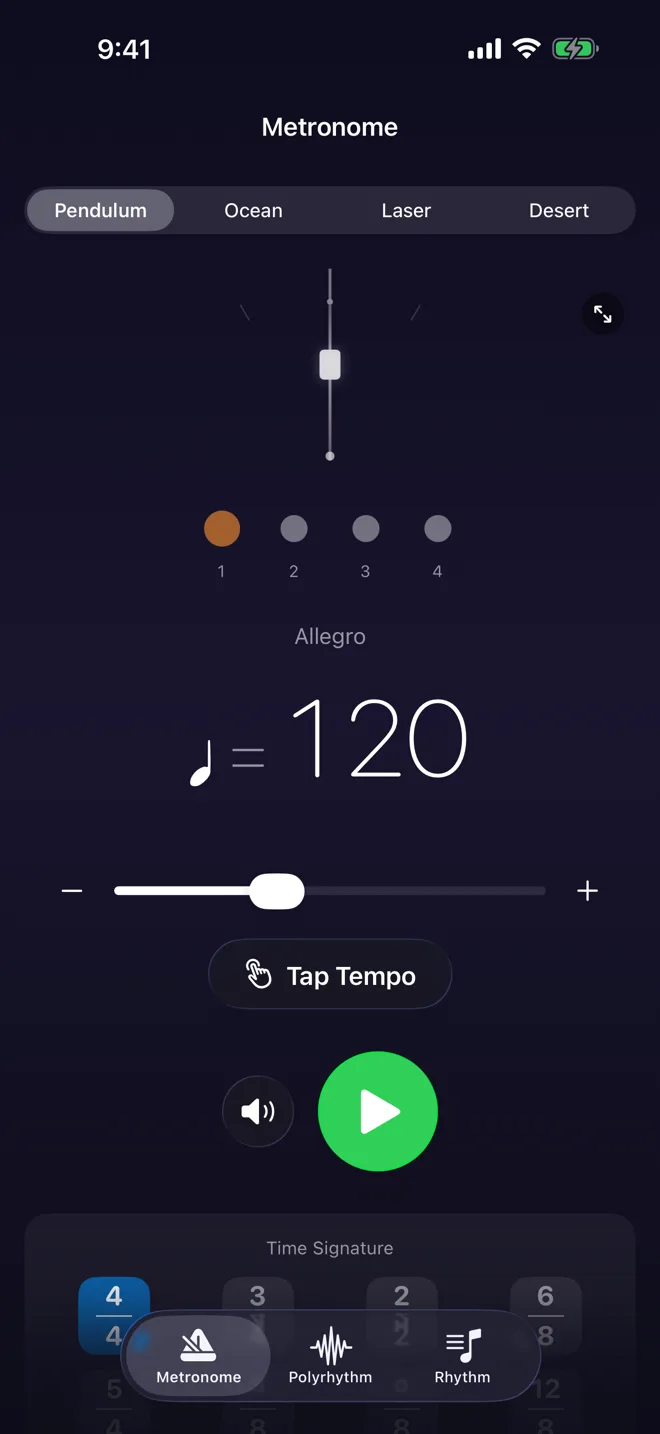 Classic metronome view with pendulum and beat dots