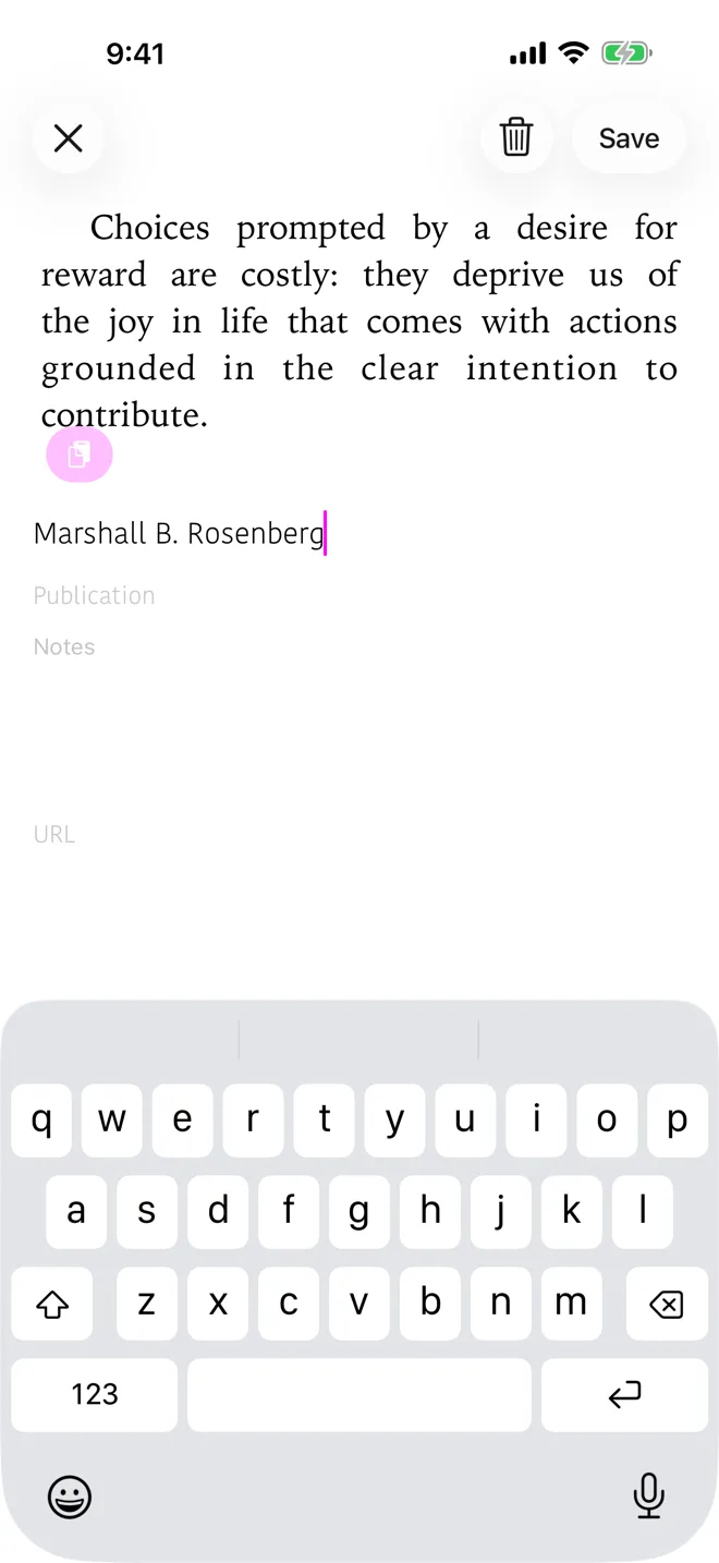 Adding a quote with author and notes on iPhone