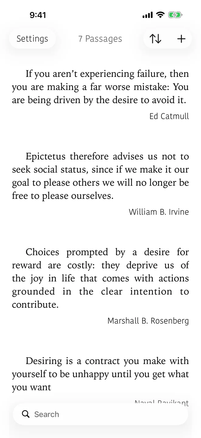 Passages for Readers showing a collection of book quotes on an iPhone