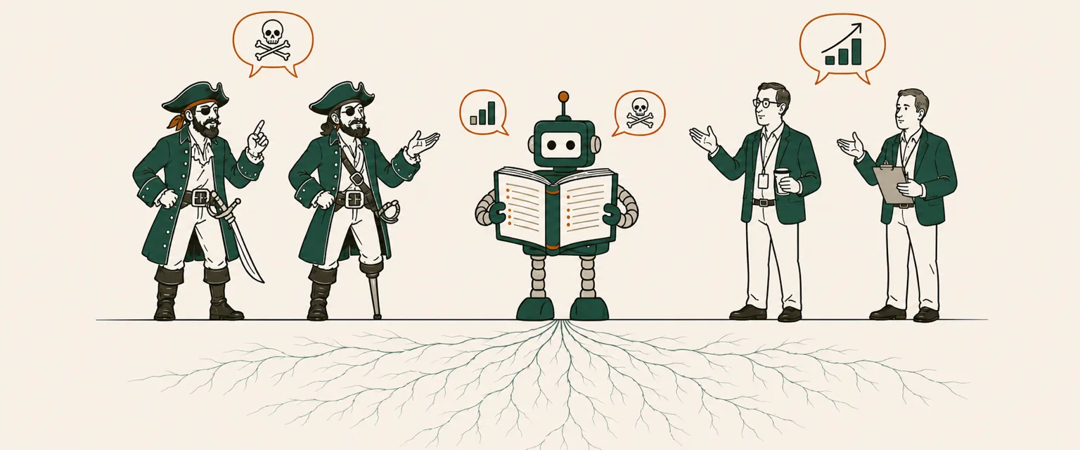 Pirates and middle managers negotiate through a robot interpreter reading an open brief, roots spreading beneath