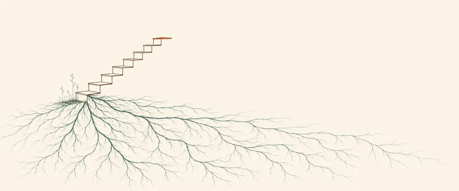 An ascending staircase over a vast hidden root system, evoking the four levels of AI adoption.