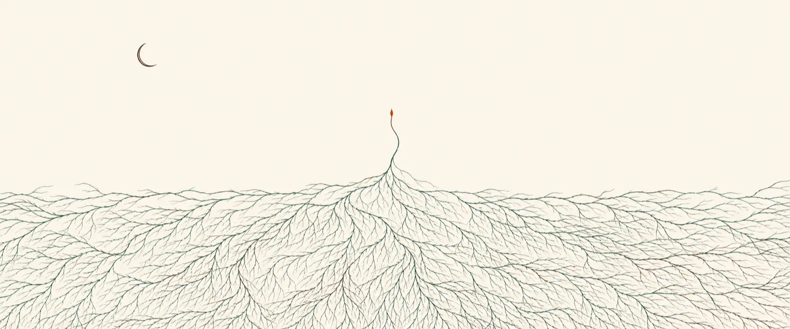 A crescent moon above a vast web of roots working through the night, evoking running AI on the graveyard shift.