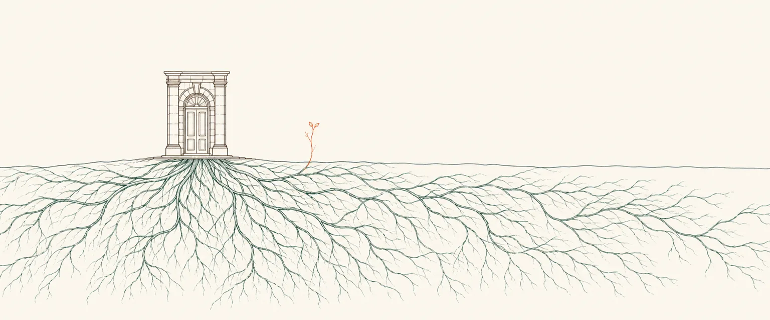 A lone doorway over a vast hidden root system, one sprout surfacing off to the side, evoking shadow AI usage.
