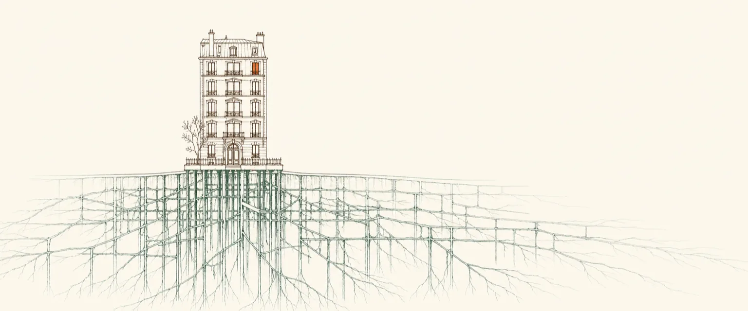 A building over a vast hidden foundation, evoking how software quality compounds beneath the surface.